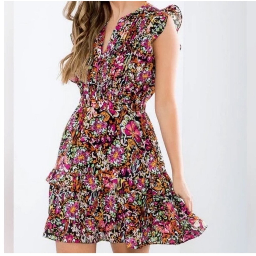 THML Floral Ruffle Cap Sleeve Mini Dress Multi Color V-Neck Tiered Skirt Medium